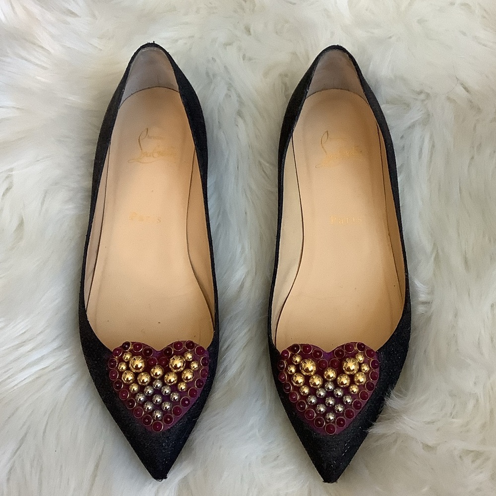 Christian Louboutin Black Flats with Gold and Red Heart Detail